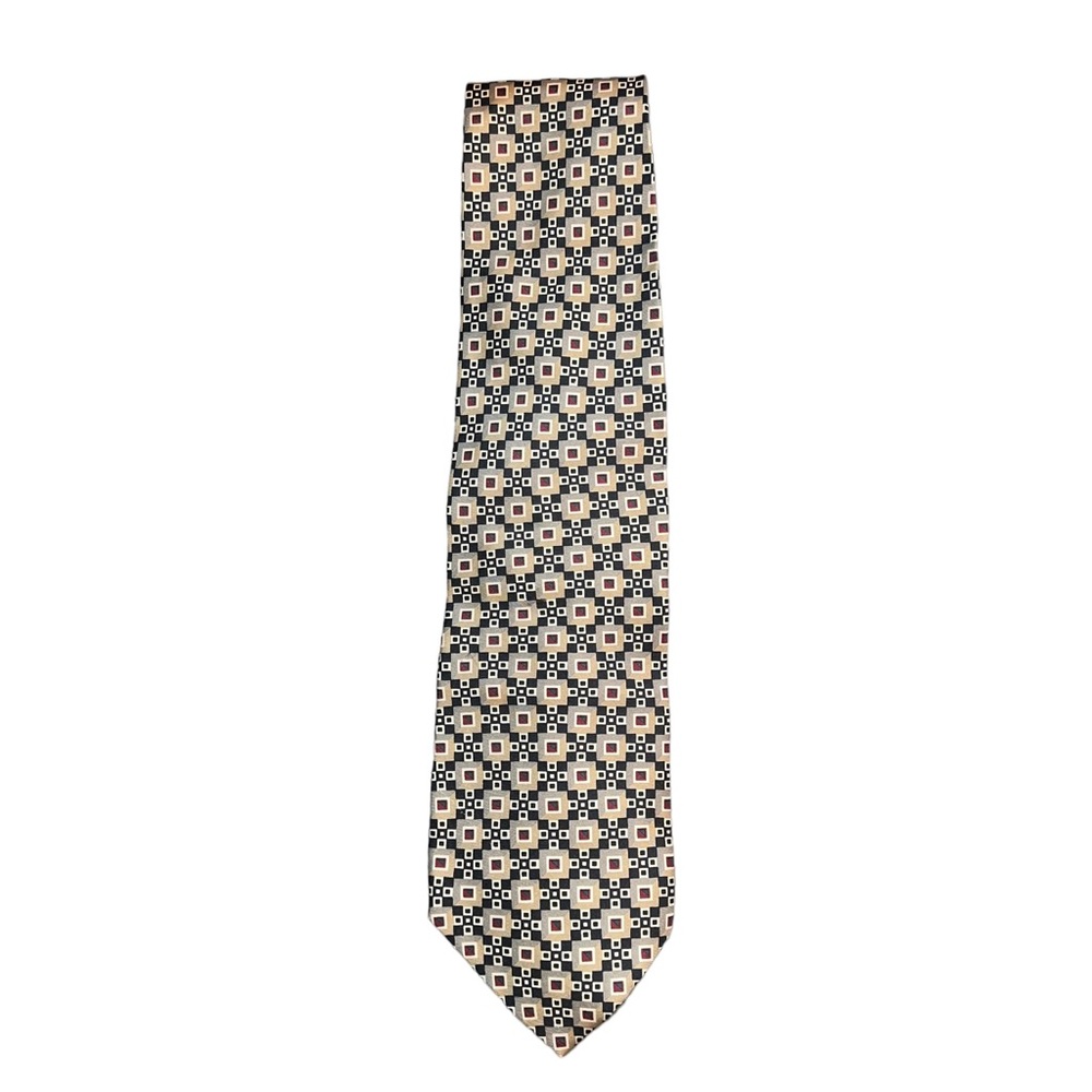 Paolo Gucci Vintage 100% Silk Black and Tan Square Print Tie